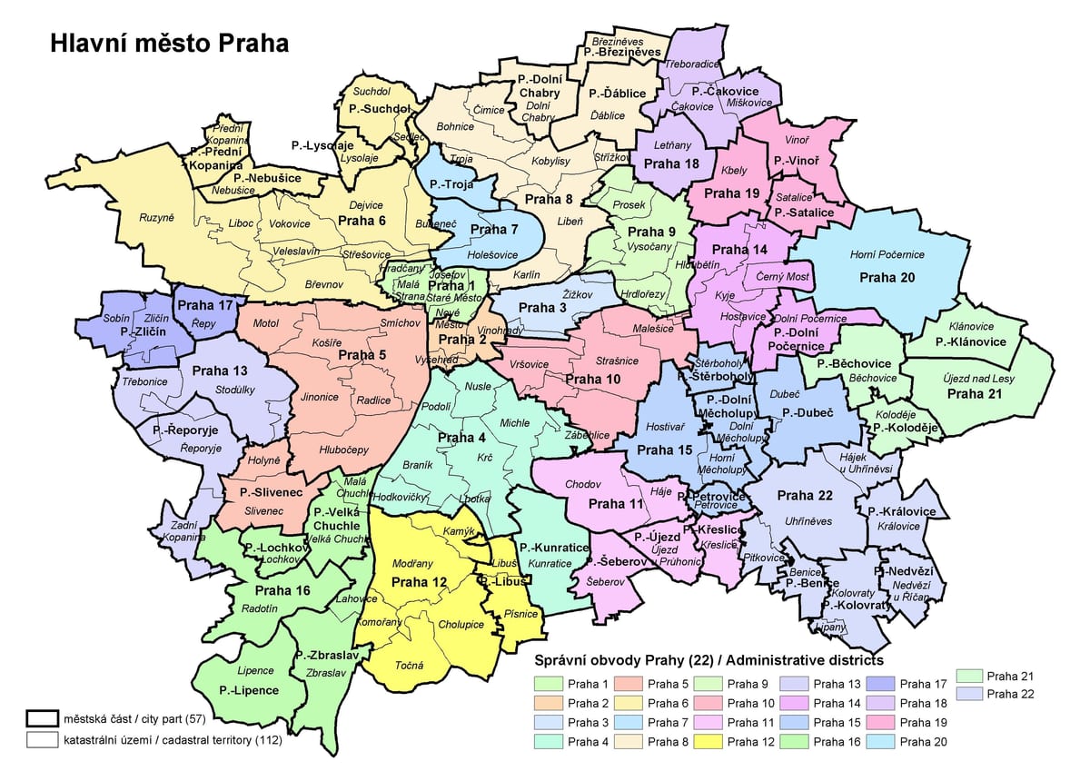 praha, mapa města, okresy