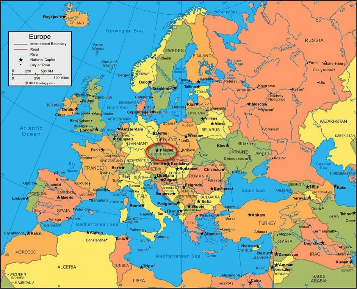 mapa evropy zobrazující praha