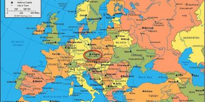 Mapa evropy zobrazující praha